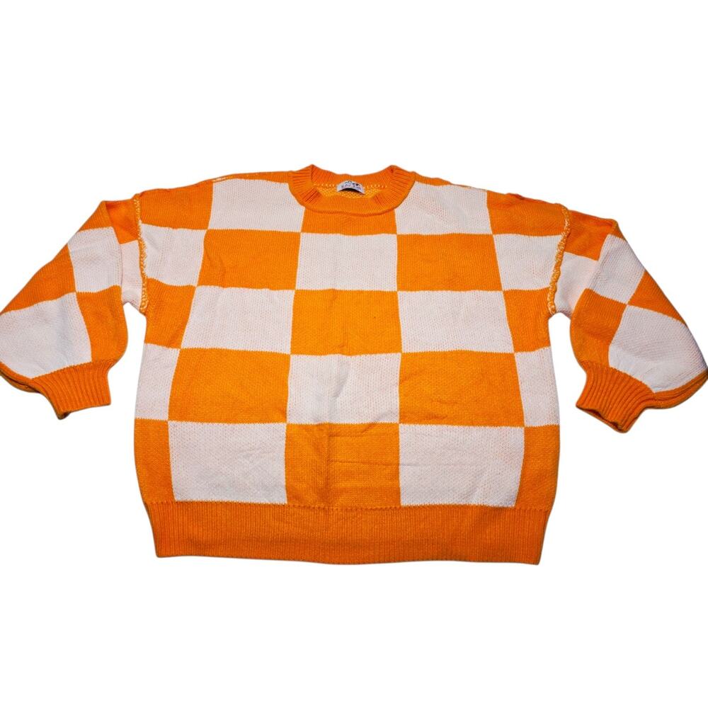Women’s Oversized Sweater Pink Thistle Size M Orange White Checkered Pullover